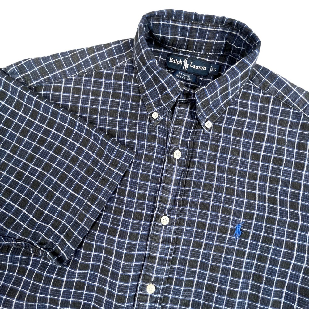 VTG 90s Polo Ralph Lauren Mens Small Short‎ Sleeve Plaid Shirt Textured Cotton